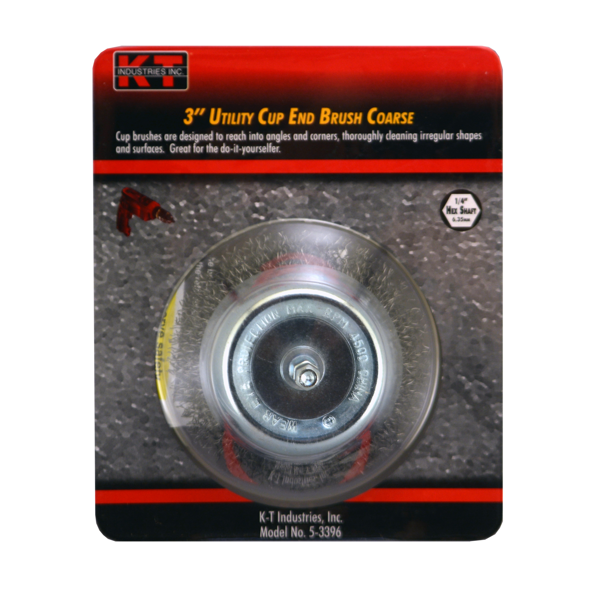 K-T Industries End Cup Brush — 3in., Coarse, 1/4in. Hex Shank, 4500 RPM, Model# 5-3396